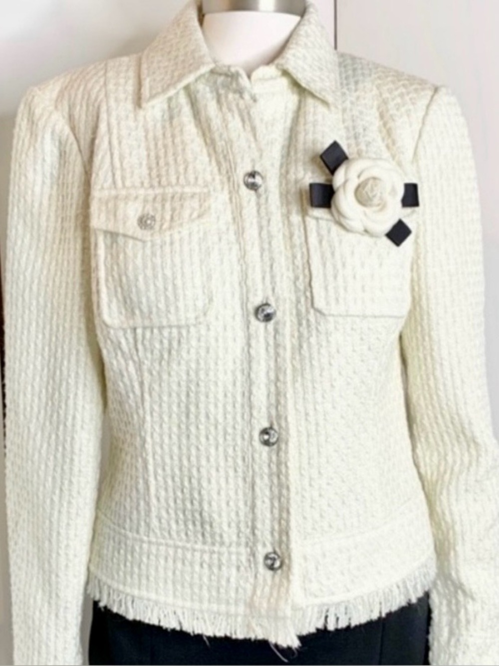 Vintage Cache Ivory Chanel Style Woven Tweed Jacket